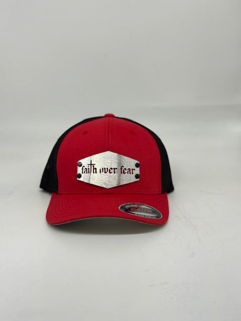 Faith over fear Badge, Cardinal red/black flex fit.