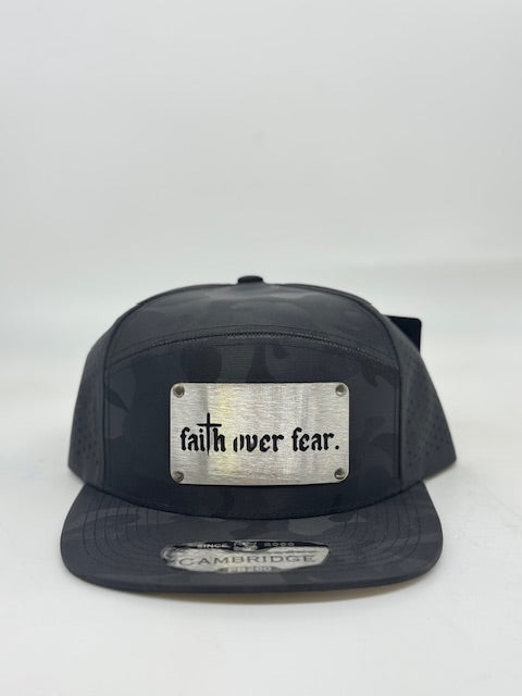 FAITH OVER FEAR. badge, 7 panel dark camo