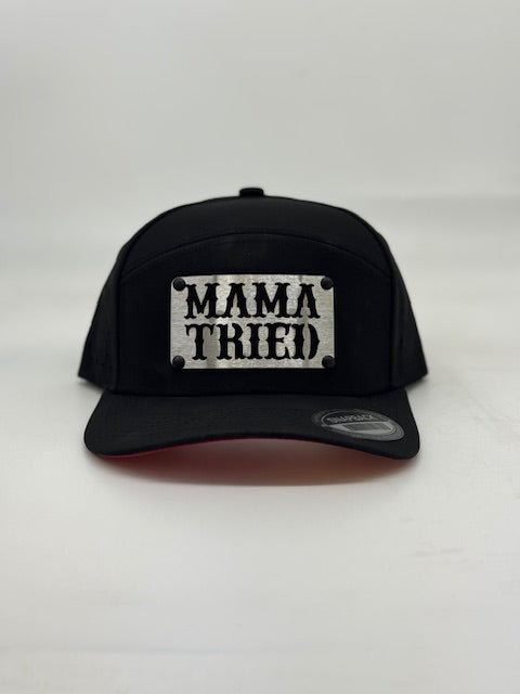Mama tried badge, flat black 7 panel curve bill.
