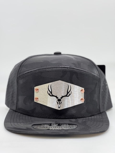 Big mule deer badge w/copper rivets, Dark camo 7 panel.