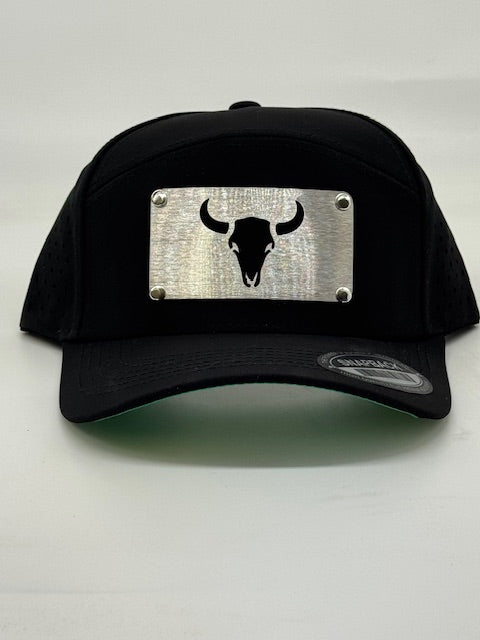Bull Badge, 7 panel flat black hat/w green bottom.
