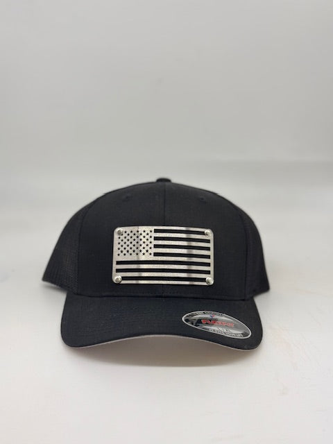 American flag badge, Black flex fit baseball cap.