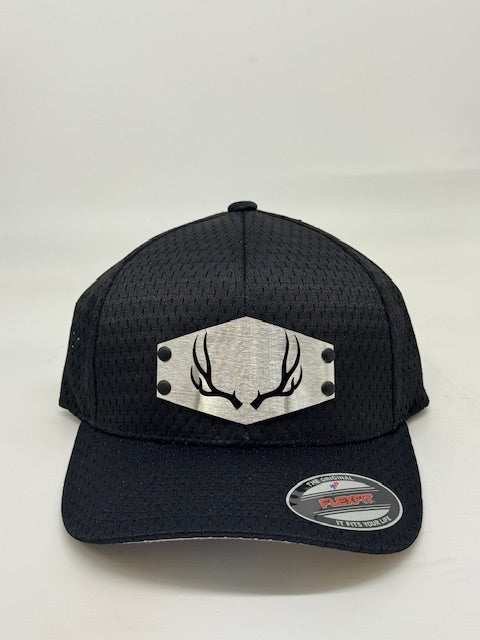 mule deer badge, black mesh flex fit.