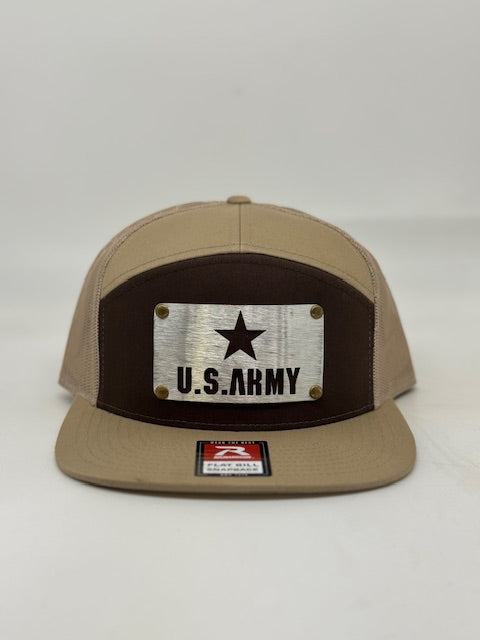 U.S. ARMY badge on Richardson 7 panel hat.